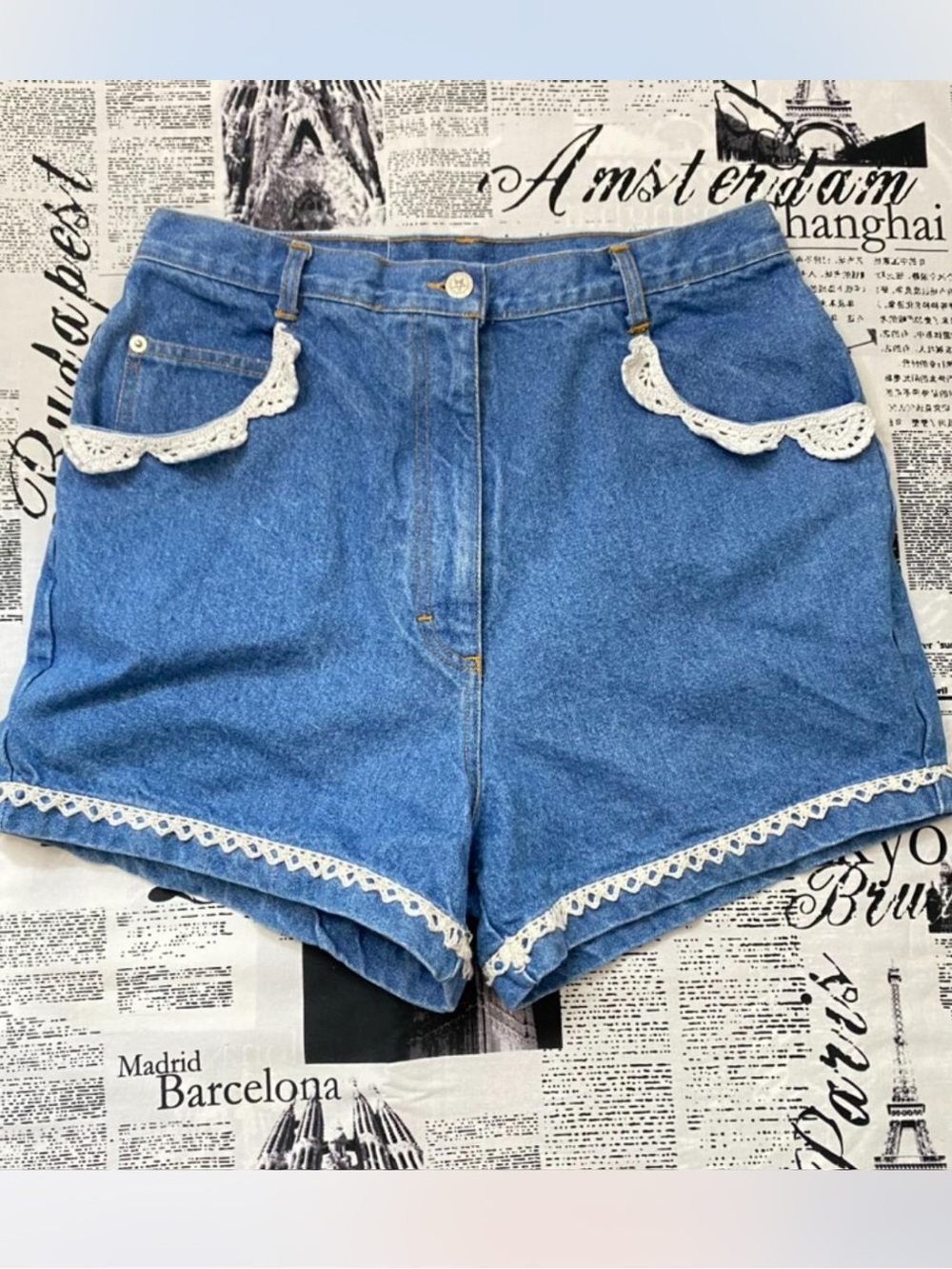 Vintage denim jean shorts from True Blue crochet trim
